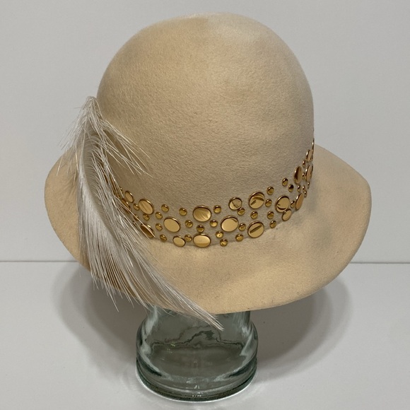 Vintage Adolfo II Gold Studded Wool Hat with Feather - Picture 5 of 15